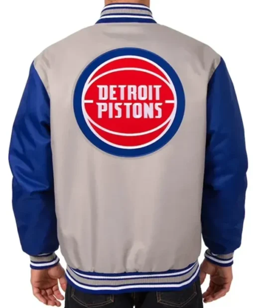 Buy Now Detroit Pistons Gray And Blue Poly Varsity Jacket For Men And Women
