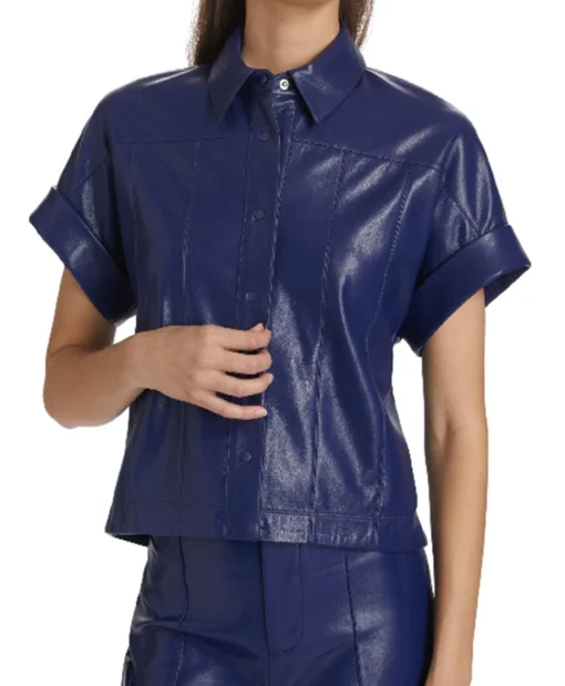 Buy Now E! News 2025 Kristen Kish Blue Leather Short Sleeve Shirt For Men And Women
