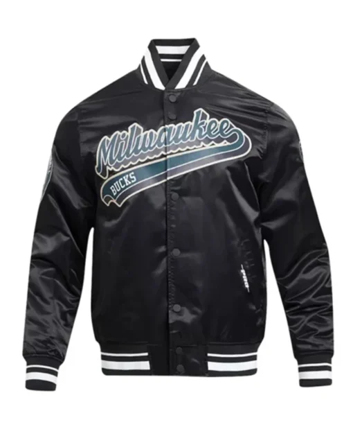 Buy Now Milwaukee Bucks Script Tail Black Varsity Jacket For Men And Women
