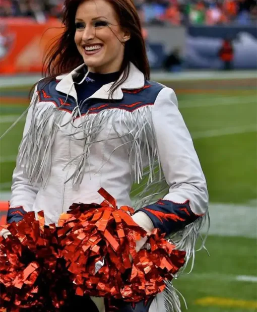 Buy Now NFL Denver Broncos Cheerleaders White Fringe Jacket For Unisex