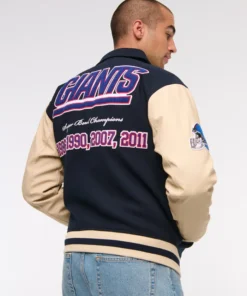 Buy Now New York Giants Navy Blue And OFF-White Varsity Jacket For Unisex