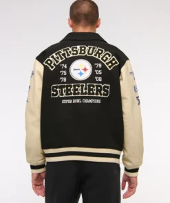 Buy Now Pittsburgh Steelers Black And OFF-White Varsity Jacket For Men And Women