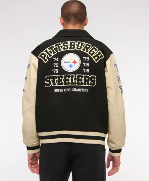 Buy Now Pittsburgh Steelers Black And OFF-White Varsity Jacket For Men And Women