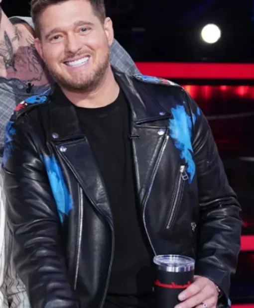 Buy Now The Voice Season 27 Michael Bublé Black Biker Leather Jacket For Unisex