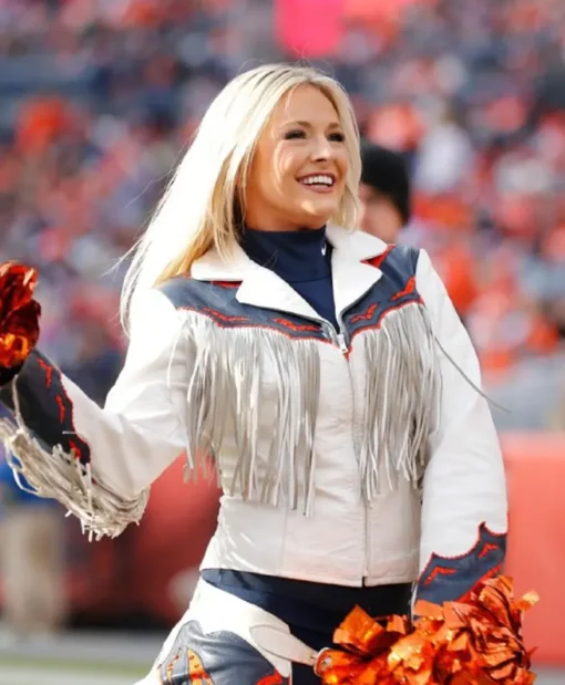 Denver Broncos Cheerleaders White Fringe Jacket