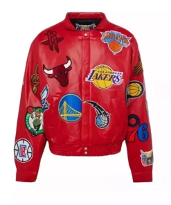 Jeff Hamilton X NBA Teams Logo Patch Red Leather Jacket