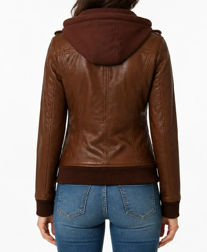 Leather With Removable Hood Bomber Jacket For Women