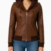 Leather With Removable Hood Bomber Jacket For Womens