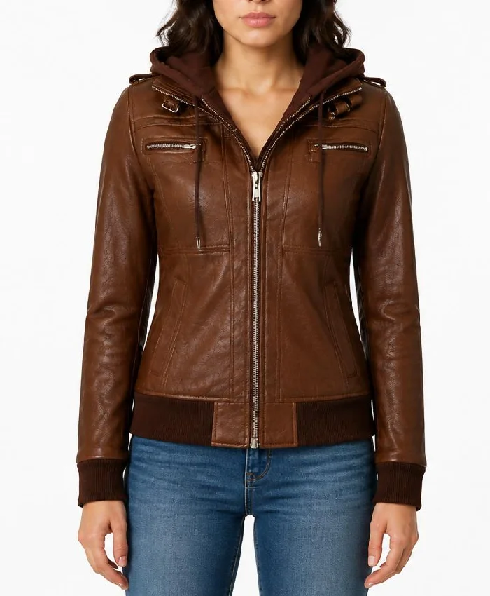 Leather With Removable Hood Bomber Jacket For Womens