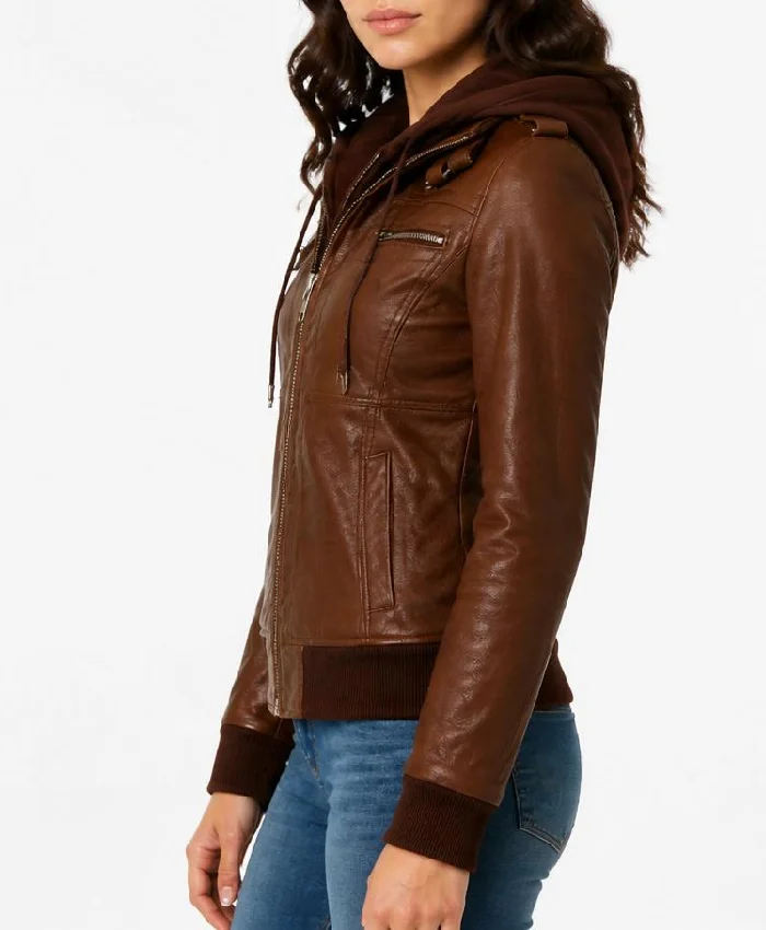 Leather With Removable Hood Bomber Jacket Womens