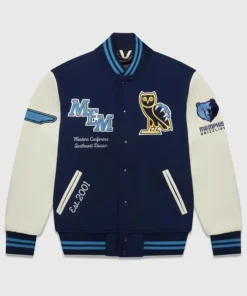 OVO Memphis Grizzlies Navy Blue And OFF-White Varsity Jacket