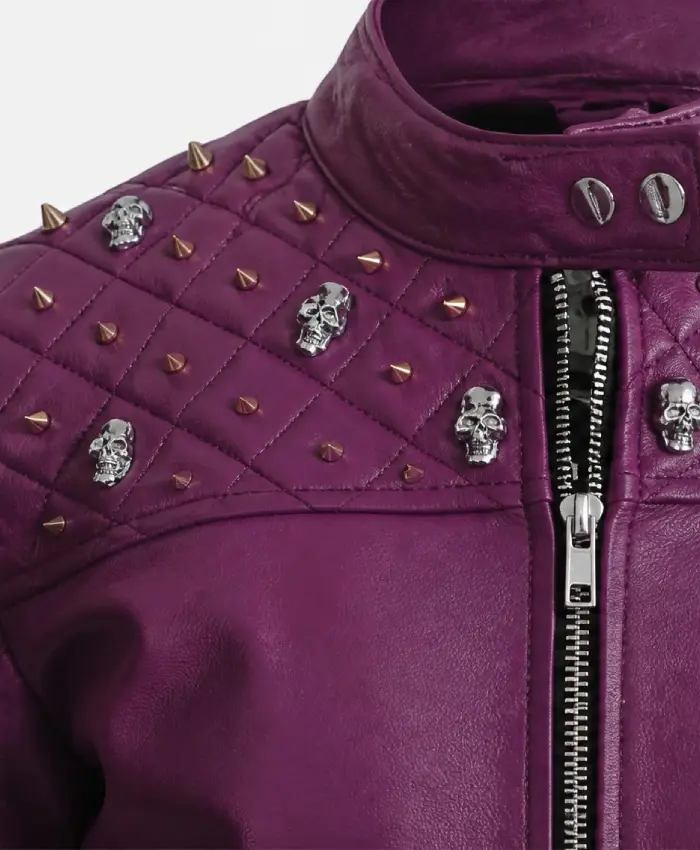 Women Purple Quilted Gold Studded Leather Jacket