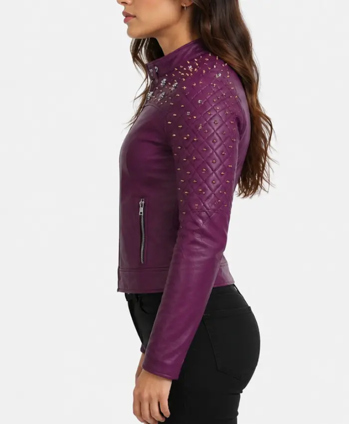 Women Quilted Gold Purple Studded Leather Jacket