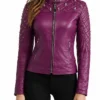 Women Quilted Gold Studded Leather Purple Jacket