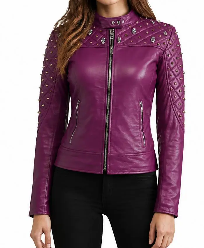 Women Quilted Gold Studded Leather Purple Jacket