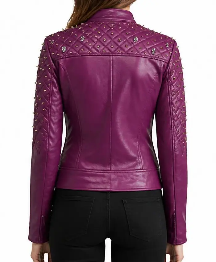 Womens Purple Quilted Gold Studded Leather Jacket