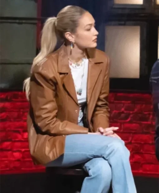 Beat Bobby Flay 2025 Gigi Hadid Brown Leather Jacket