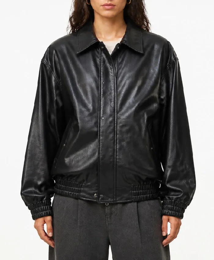 Black loose-fit Leather Jacket For Women