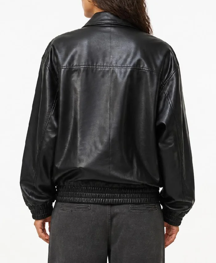 Black loose-fit Leather Jacket For Womens