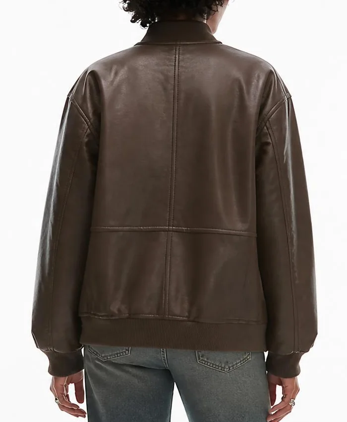 Brown Leather Oversized Bomber Jacket For Women