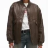 Brown Leather Oversized Bomber Jacket For Womens