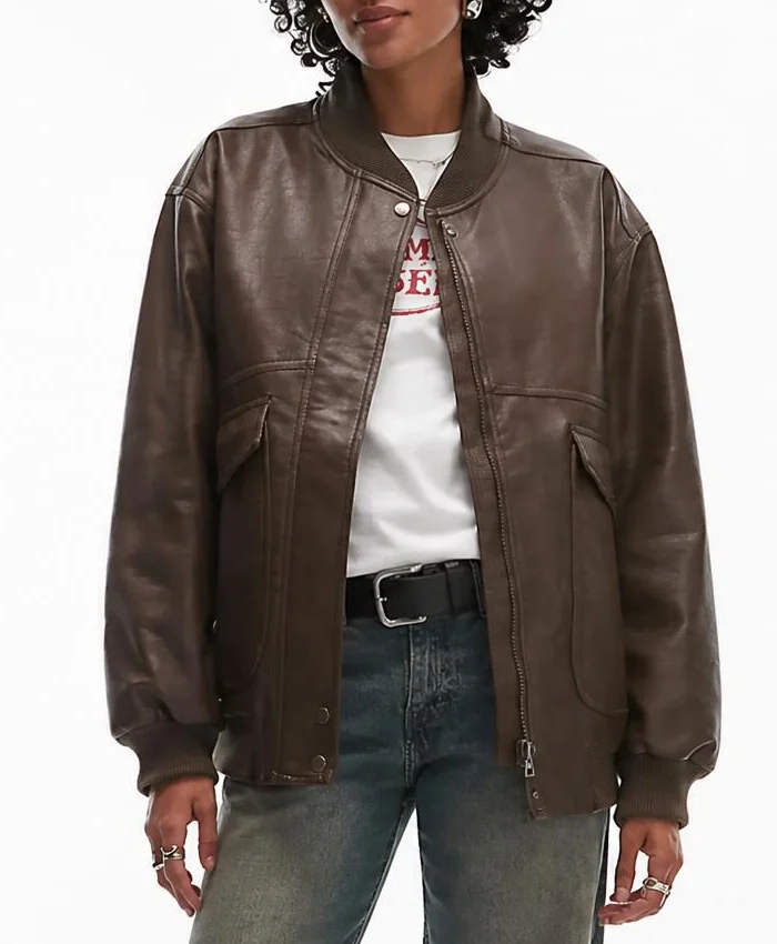 Brown Leather Oversized Bomber Jacket For Womens