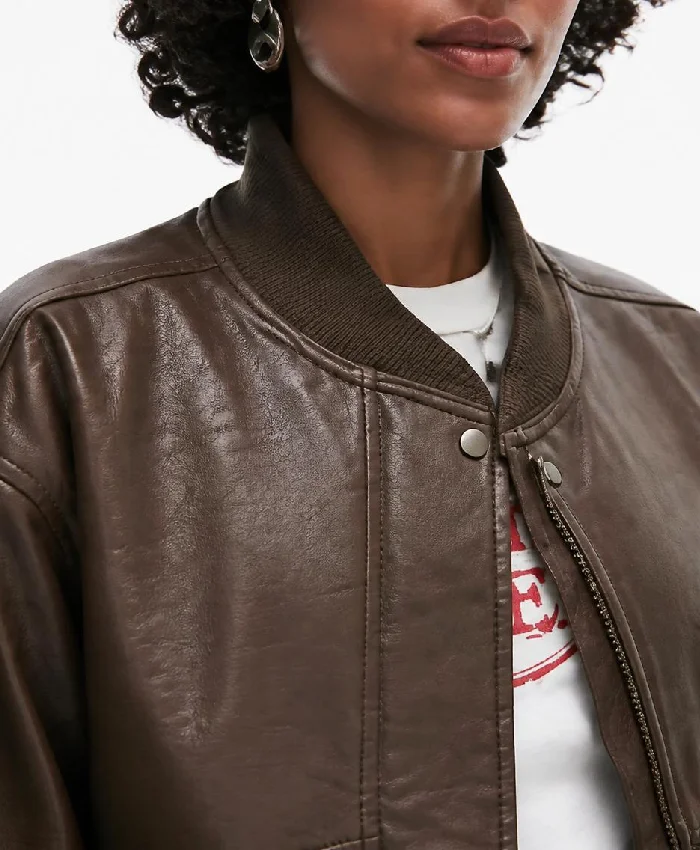 Brown Leather Oversized Bomber Jacket Women