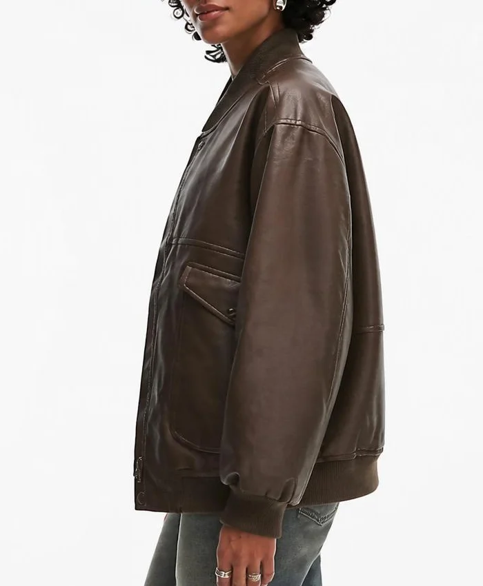 Brown Leather Oversized Bomber Jacket Womens