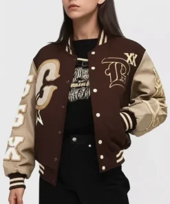 Buy Breezy Bowl XX Brown And Beige Letterman Varsity Jacket