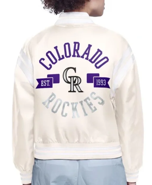 Buy Now Colorado Rockies Printed Logo Cream Varsity Jacket For Unisex