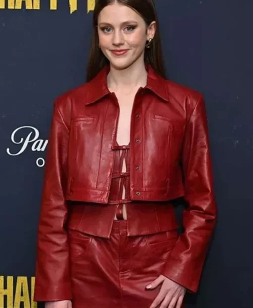 Buy Now Hazel TV-Series Happy Face Season 01 Khiyla Aynne Red Cropped Leather Jacket For Unisex