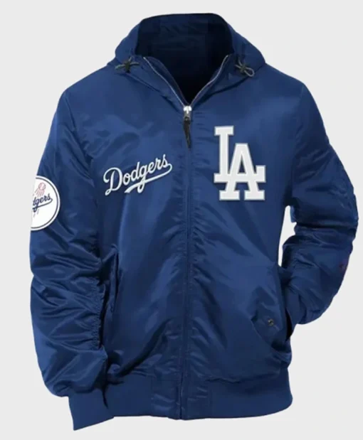 Buy Now Los Angeles Dodgers New Era X Alpha Industries Blue Hooded Bomber Jacket For Unisex