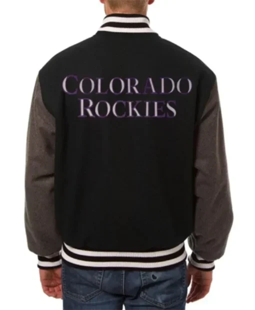 Buy Now MLB Colorado Rockies Two Tone Black And Charcoal Varsity Jacket For Unisex