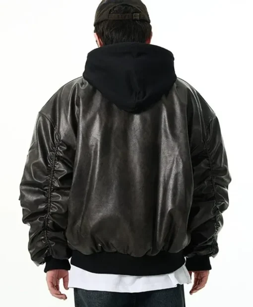 Buy Now Oversized Black Leather Hooded Bomber Jacket For Men And Women