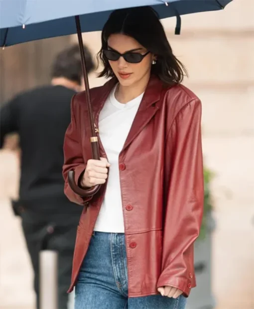 Buy Now Paris 2025 Kendall Jenner Maroon Leather Blazer For Men And Women