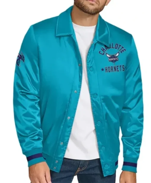 Charlotte Hornets Stitch Applique Teal Blue Varsity Jacket