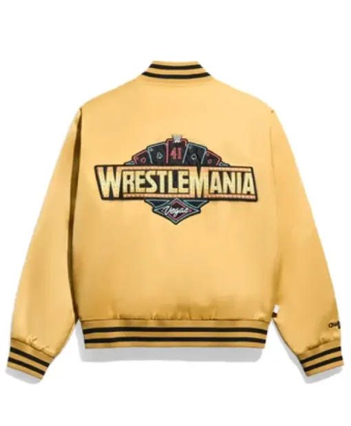 Las Vegas 2025 WWE WrestleMania 41 Gold Satin Varsity Jacket For Men And Women