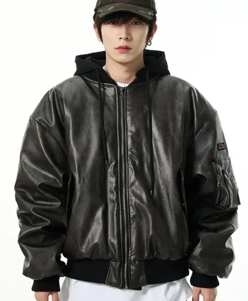 Oversized Black Leather Hooded Bomber Jacket