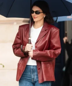 Paris 2025 Kendall Jenner Maroon Leather Blazer