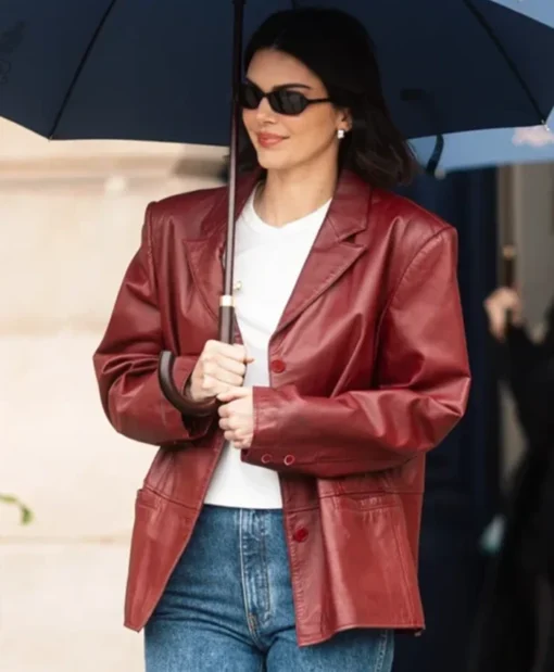 Paris 2025 Kendall Jenner Maroon Leather Blazer