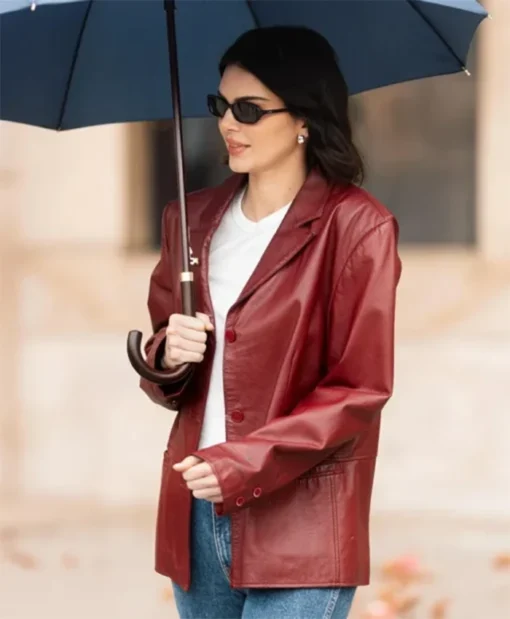 Paris Kendall Jenner 2025 Maroon Leather Blazer