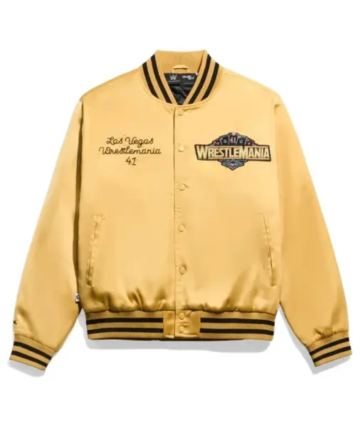 WWE WrestleMania 41 Gold Satin Varsity Jacket