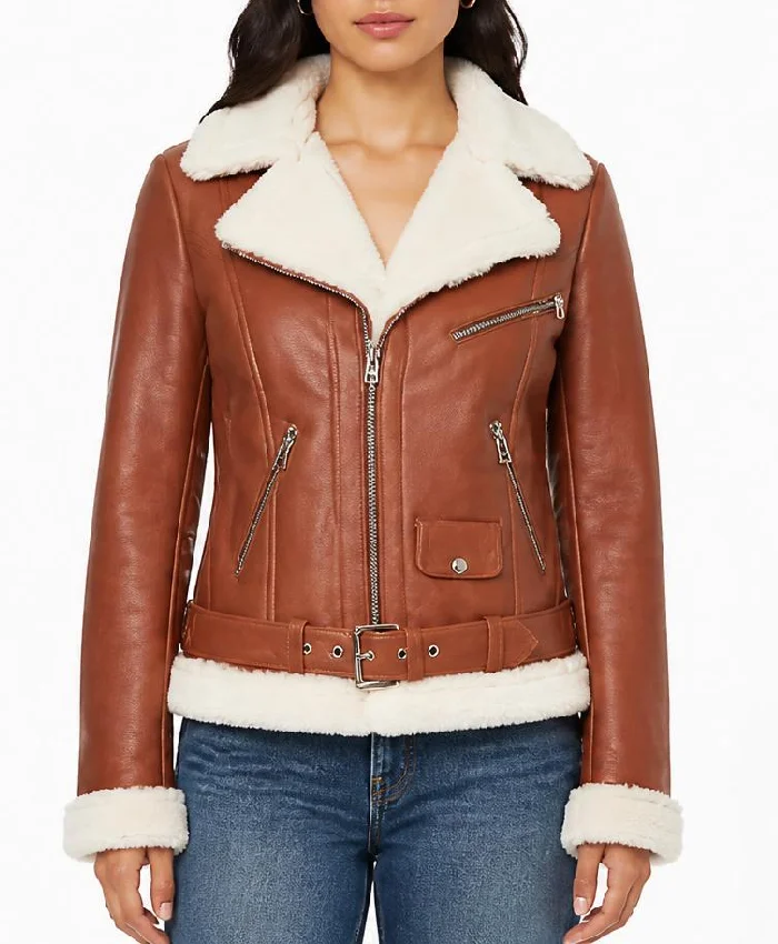 Aviator Chestnut Shearling Leather Jacket For Womens