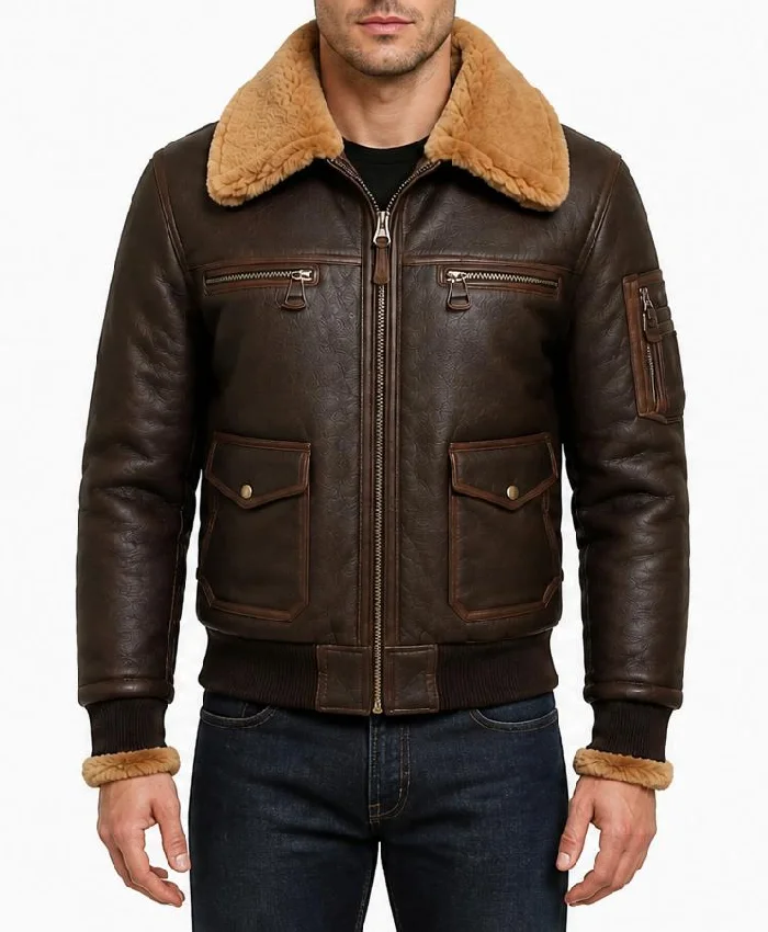 Aviator Shearling Leather Bomber Jacket For Men