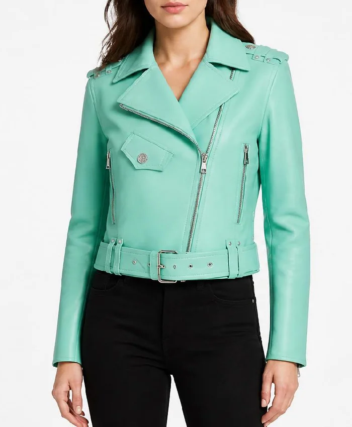 Women's Belted Turquoise Leather Biker Jacket