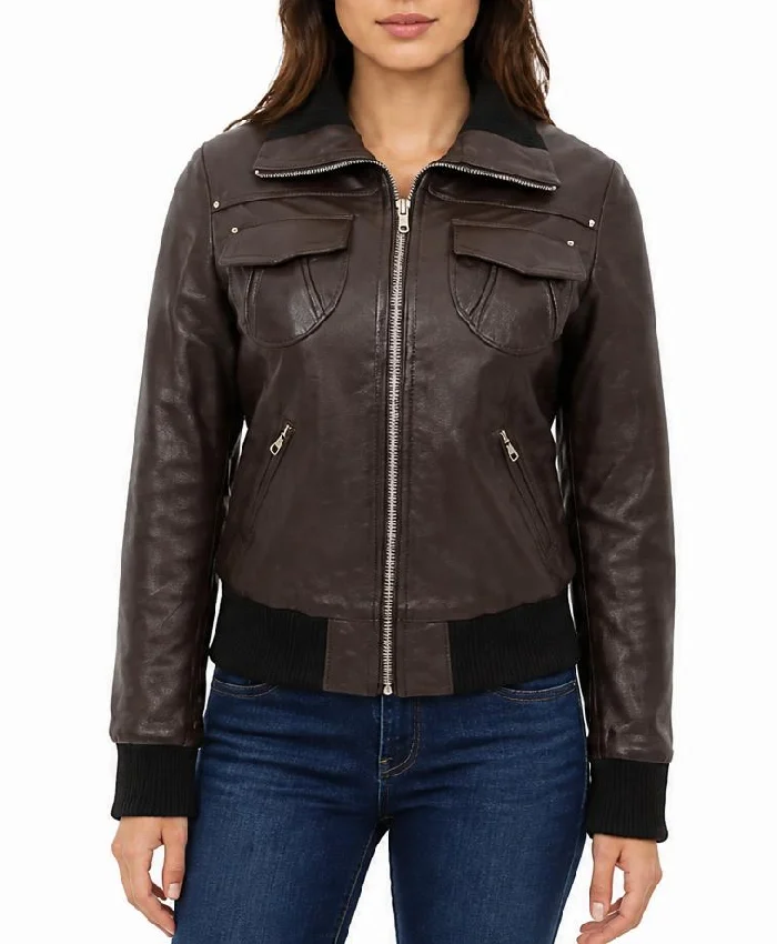 Bomber Brown Leather Jacket For Womens