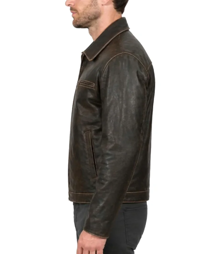 Brown Distressed Leather Jacket For Mens