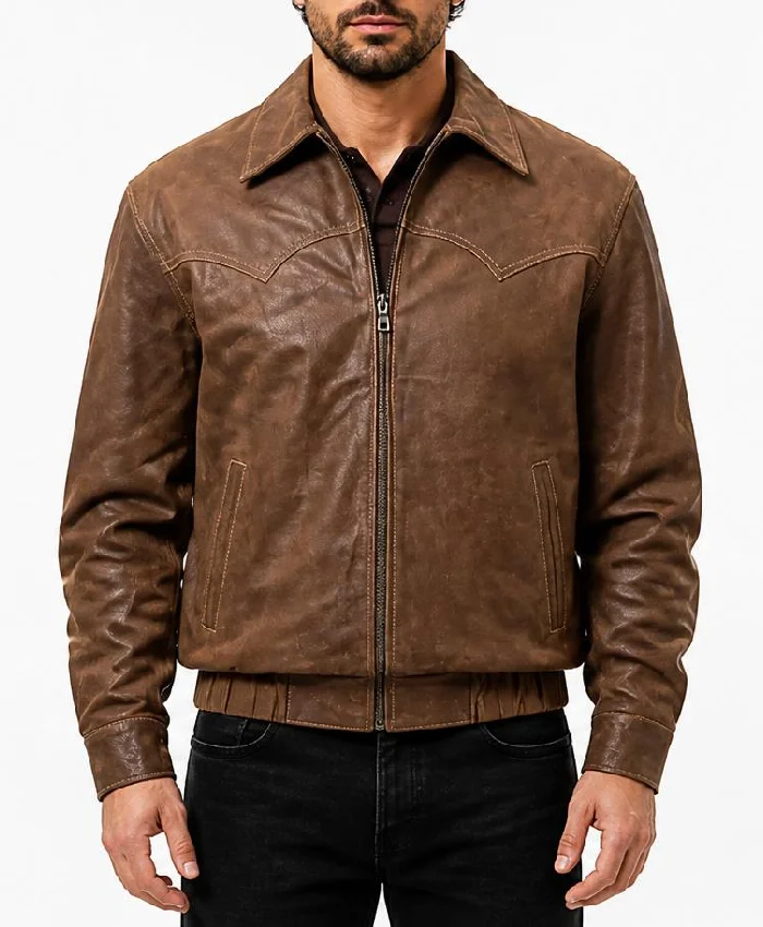 Brown Leather Bomber Jacket For Mens