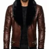 Brown Retro Aviator Brown Leather Fur Jacket For Mens