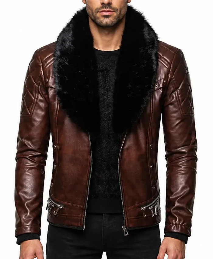 Brown Retro Aviator Brown Leather Fur Jacket For Mens